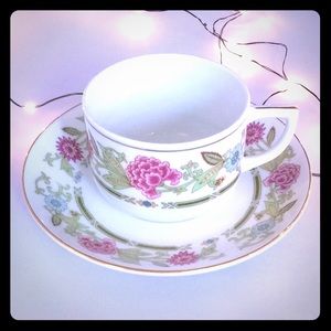Pink Peony & Dahlia Porcelain Teacup & Saucer